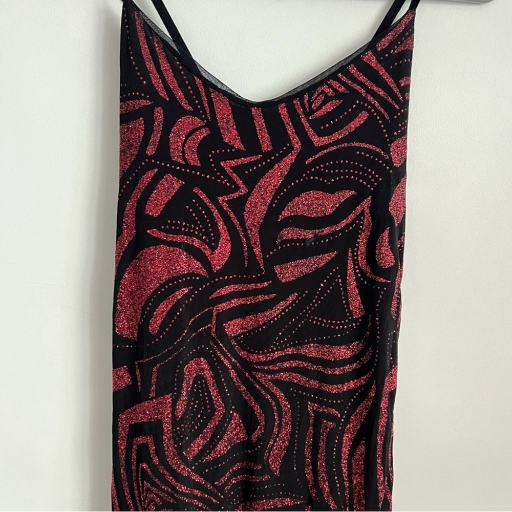 Y2K Black Red Glitter Asymmetrical Dress Ruffle Hem Spaghetti Strap Party Dress - Picture 5 of 14